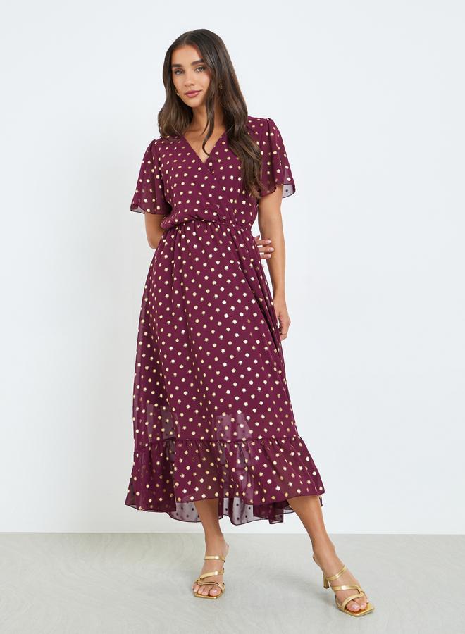 Styli Women Burgundy Polka Dot Print A-Line Maxi Dress - Image 3
